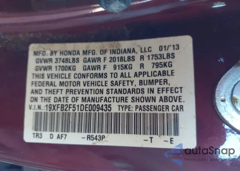 2013 Honda Civic Lx из США, поврежденный, VIN 19XFB2F51DE009435